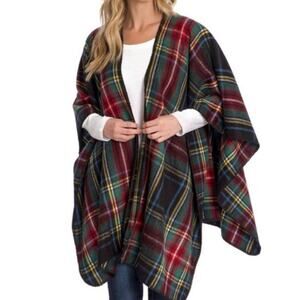 Woolrich Blanket Wrap Shawl Cape Open Front Red Multi Plaid Women’s One Size OS